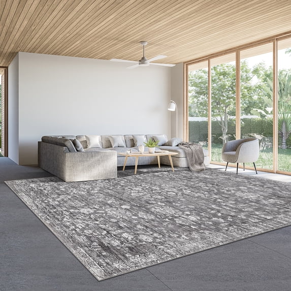 GlowSol 9' x 12' Large Washable Rugs for Living Room Bedroom Vintage Floral Distressed Rug Non Slip Non Shedding Throw Rugs, Gray