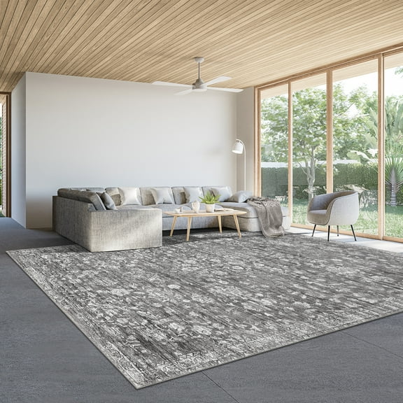 GlowSol 9' x 12' Large Washable Rugs for Living Room Bedroom Vintage Floral Distressed Rug Non Slip Non Shedding Throw Rugs, Gray