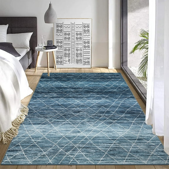 GlowSol 9' x 12' Modern Area Rug Washable Rugs Geometric Rug Soft Foldable Accent Rugs for Living Room Bedroom, Blue