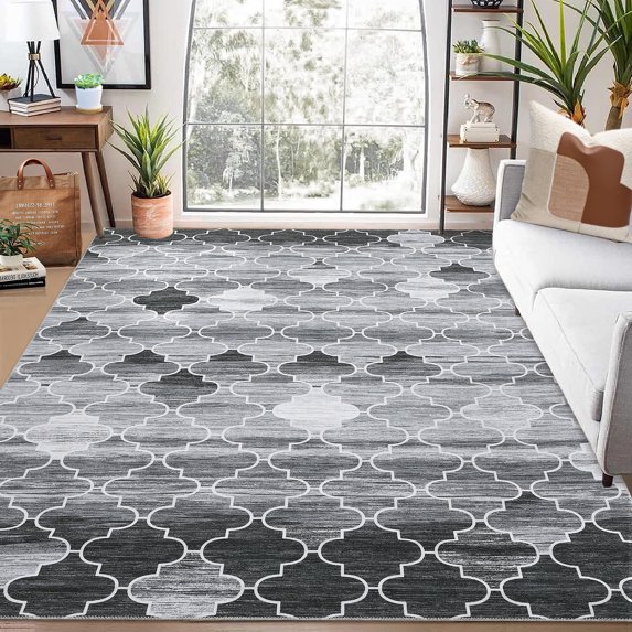 GlowSol 9' x 12' Rug Large Machine Washable Rug Moroccan Geometric Area Rug Distressed Trellis Accent Rug for Living Room Bedroom, Gray