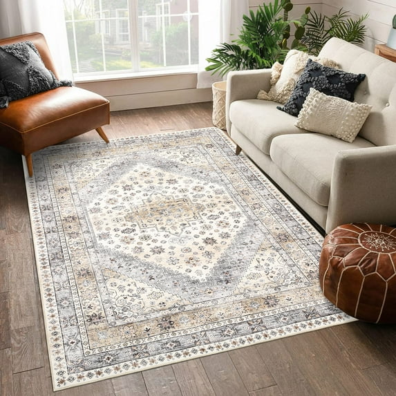 GlowSol 9' x 12' Vintage Area Rug Boho Floral Living Room Rug Medallion Distressed Large Area Rug Stain Resistant Carpet, Beige Brown