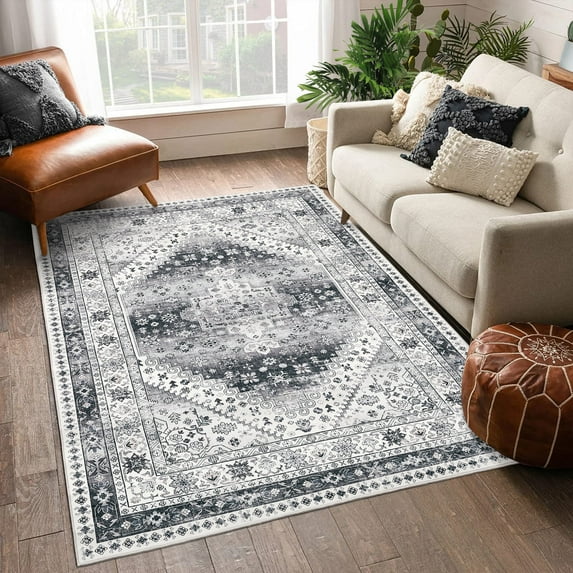 GlowSol 9' x 12' Vintage Area Rug Boho Floral Living Room Rug Medallion Distressed Large Area Rug Stain Resistant Carpet, Gray