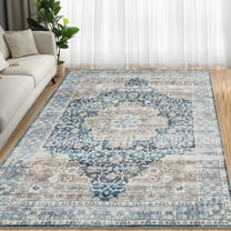 GlowSol 9' x 12' Washable Area Rugs for Living Room Bedroom Vintage Floral Rugs Non-Slip Low Pile Carpet, Blue