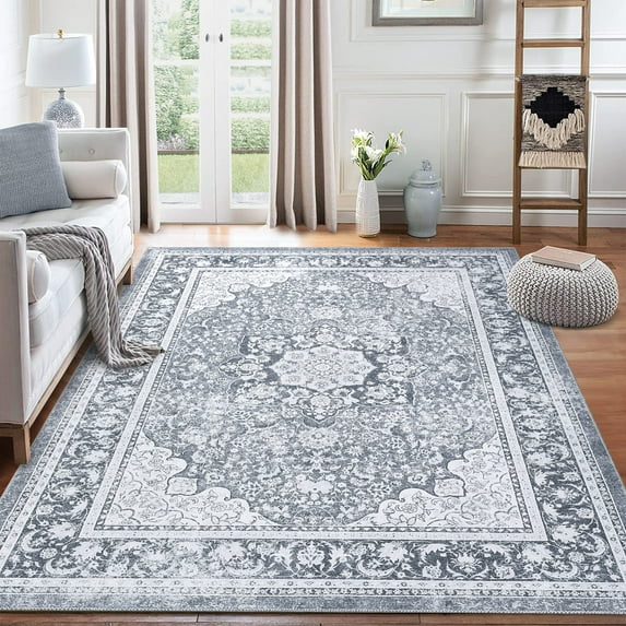 GlowSol 9'x12' Area Rug Large Vintage Distressed Rug Machine Washable Area Rug Persian Medallion Floral Print Floor Carpet for Home Decor, Grey