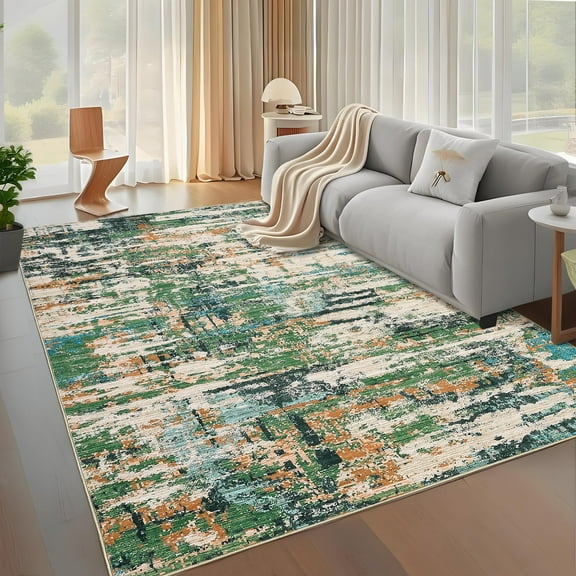 GlowSol 9'x12' Area Rug Modern Abstract Washable Rugs for Living Room Bedroom Indoor Soft Non Slip Low Pile Throw Rug, Green