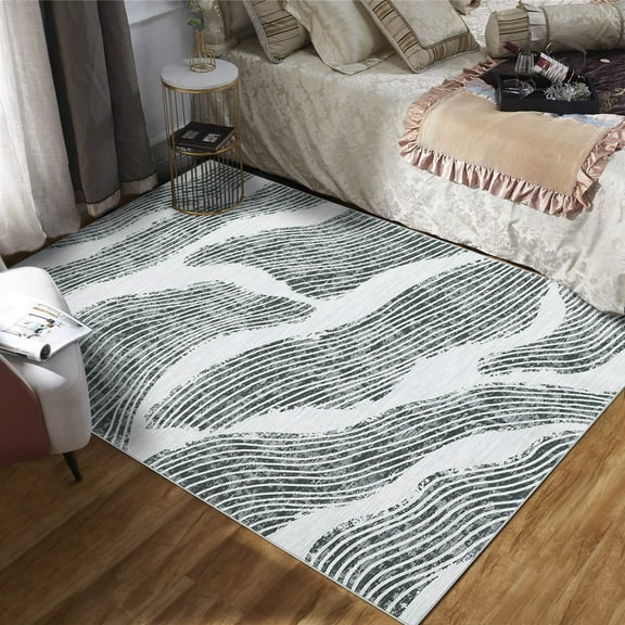 GlowSol 9'x12' Area Rug Modern Washable Rug Abstract Rug Wave Pattern Accent Rug Low Pile Non-Shedding Carpet for Living Room Bedroom, Gray