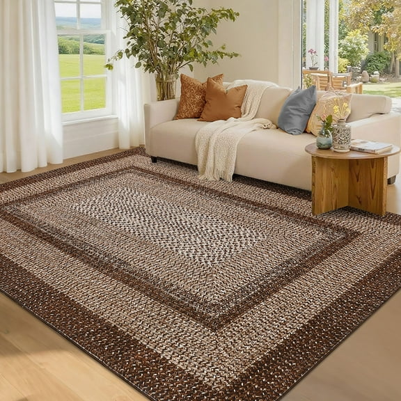 GlowSol 9'x12' Area Rug Washable Modern Braided Print Rugs for Living Room Bedroom Non Slip Low Pile Floor Carpet, Brown