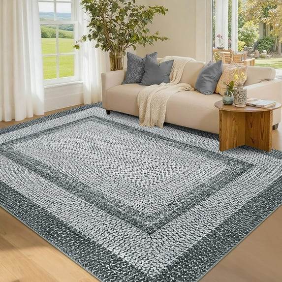 GlowSol 9'x12' Area Rug Washable Modern Braided Print Rugs for Living Room Bedroom Non Slip Low Pile Floor Carpet, Gray