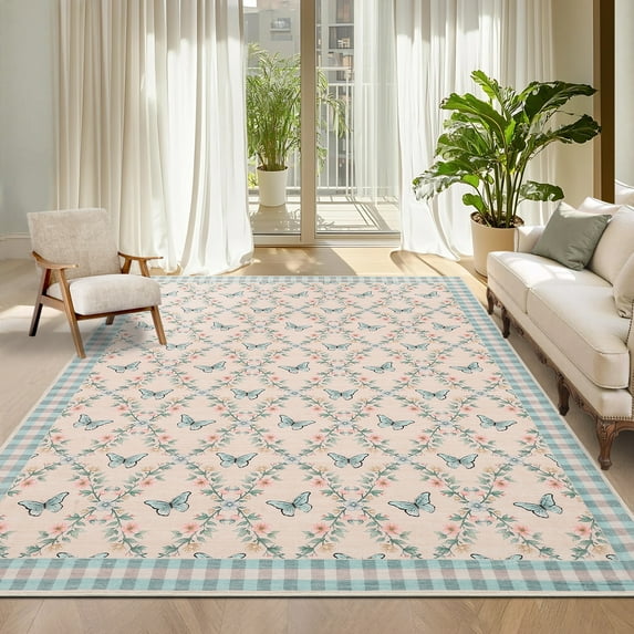 GlowSol 9'x12' Area Rugs Geometric Bordered Large Rug Farmhouse Floral Low Pile Non-Slip Rug Butterfly Pattern Rug for Living Room, Bedroom, Blue Pink