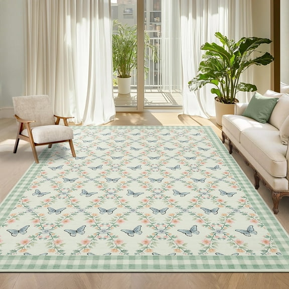 GlowSol 9'x12' Area Rugs Geometric Bordered Large Rug Farmhouse Floral Low Pile Non-Slip Rug Butterfly Pattern Rug for Living Room, Bedroom, Green