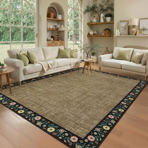 GlowSol 9'x12' Area Rugs Modern Floral Bordered Rug Non-Slip Low Pile Accent Carpet Soft Foldable Rugs for Living Room Bedroom, Brown/Black