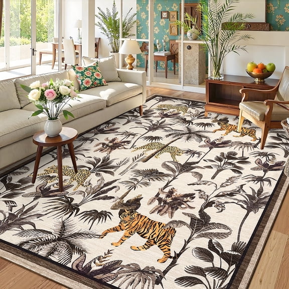 GlowSol 9'x12' Area Rugs for Living Room Bedroom Tiger Pattern Washable Soft Rug Jungle Animal Print Non-Slip Low Pile Carpet, Taupe