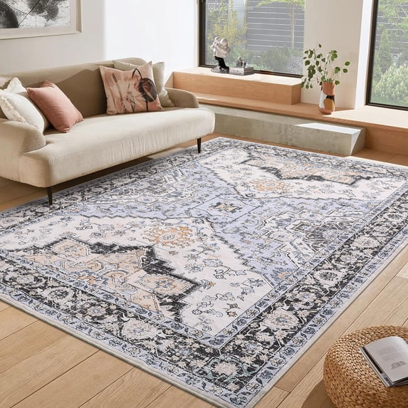 GlowSol 9'x12' Boho Washable Rugs for Living Room Bedroom Large Vintage Distressed Bohemian Carpet Area Rug, Dusty Blue
