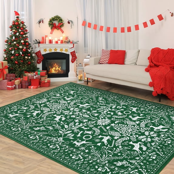 GlowSol 9'x12' Christmas Area Rugs for Living Room Bedroom Christmas Themed Festival Winter Decorations Rugs Soft Foldable Accent Rug, Green