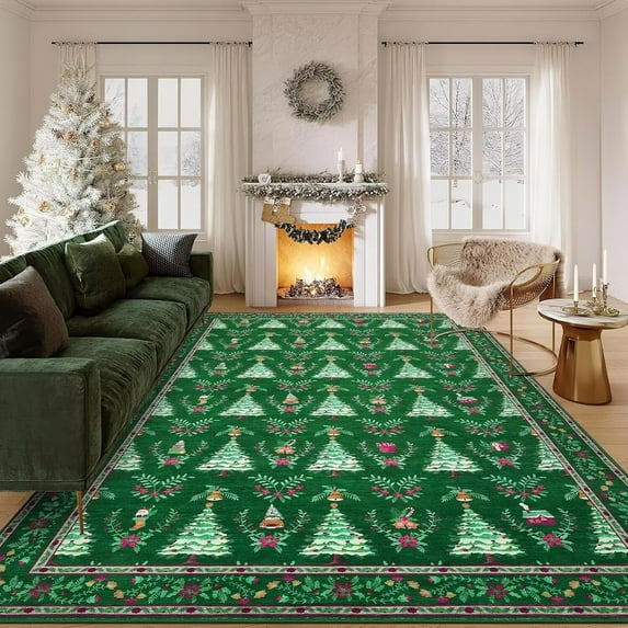 GlowSol 9'x12' Christmas Area Rugs for Living Room Bedroom Xmas Tree Festival Winter Decorations Rugs Soft Foldable Accent Rug, Green