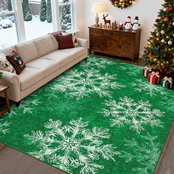 GlowSol 9'x12' Christmas Area Rugs for Living Room Xmas Snowflakes Festive Decor Rug Large Washable Area Rug Soft Low Pile Non-Slip Area Rug, Green