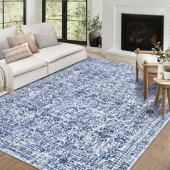 GlowSol 9'x12' Floral Area Rug Vintage Washable Rug Non-Slip Low Pile Farmhouse Distressed Carpet for Living Room Bedroom, Blue