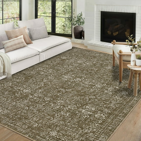GlowSol 9'x12' Floral Area Rug Vintage Washable Rug Non-Slip Low Pile Farmhouse Distressed Carpet for Living Room Bedroom, Brown