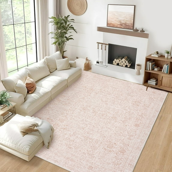 GlowSol 9'x12' Floral Area Rug Vintage Washable Rug Non-Slip Low Pile Farmhouse Distressed Carpet for Living Room Bedroom, Pink