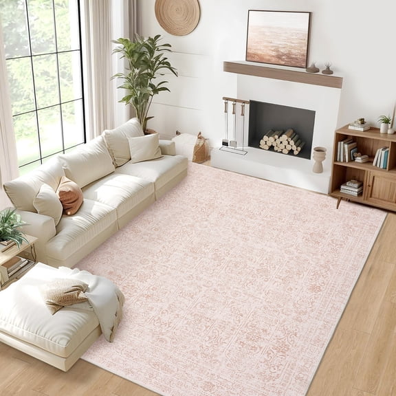 GlowSol 9'x12' Floral Area Rug Vintage Washable Rug Non-Slip Low Pile Farmhouse Distressed Carpet for Living Room Bedroom, Pink
