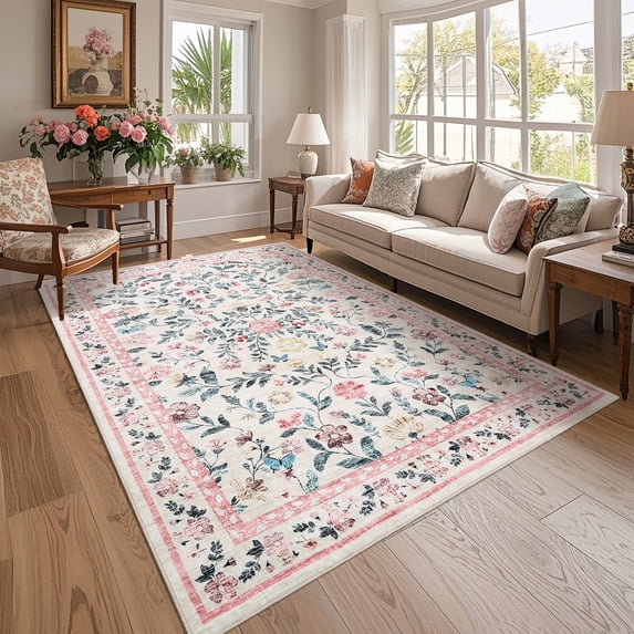 GlowSol 9'x12' Floral Area Rug Vintage Washable Rug Non-Slip Low Pile Farmhouse Floral Carpet for Living Room Bedroom, Pink