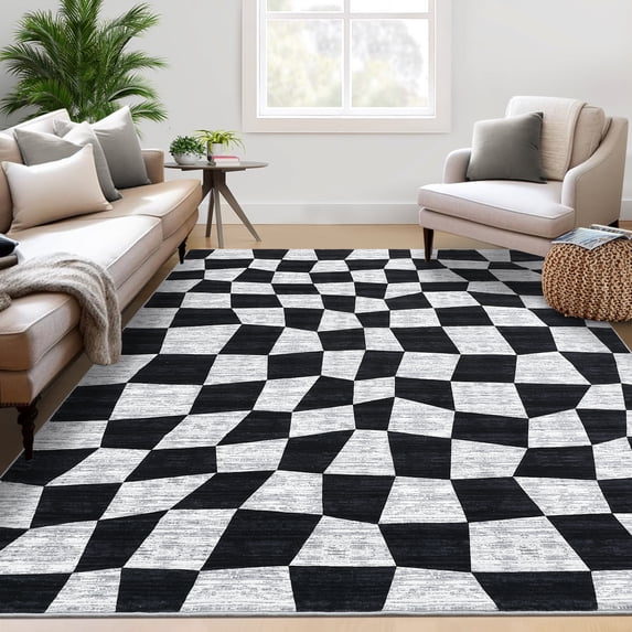 GlowSol 9'x12' Large Area Rug Modern Checkered Washable Rugs for Living Room Bedroom Non-Slip Low Pile Soft Foldable Rug, Black