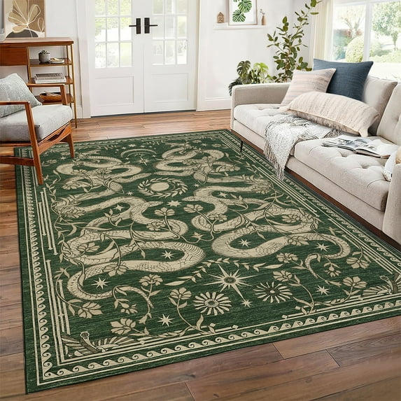 GlowSol 9'x12' Large Area Rug Snake Pattern Rug Soft Non Slip Low Pile Accent Rug Washable Foldable Rugs for Living Room Bedroom, Green