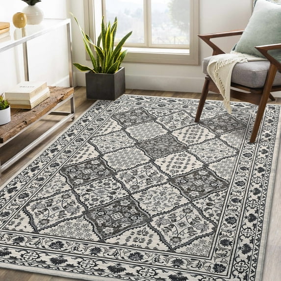 GlowSol 9'x12' Large Area Rug Vintage Persian Washable Rug Indoor Oriental Floral Print Boho Area Rugs Low Pile Non-Shedding Rugs, Gray