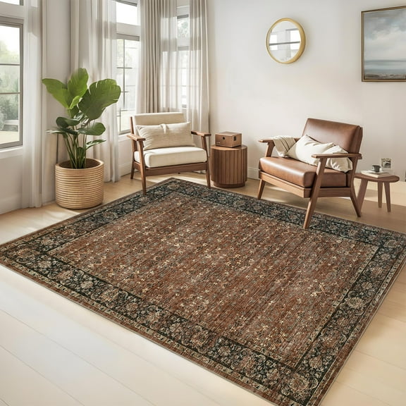 GlowSol 9'x12' Large Area Rugs for Living Room Bedroom Washable Vintage Floral Print Rug Soft Non-Slip Low Pile Thin Carpet, Brown/Brick Red