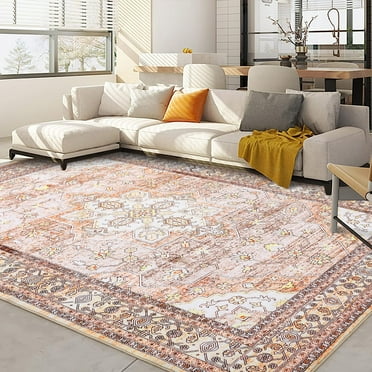 GlowSol 9'x12' Large Area Rugs for Living Room Vintage Persian Washable Rug Boho Rug Soft Floral Distressed Rug Non-Slip Low Pile Carpet, Brown
