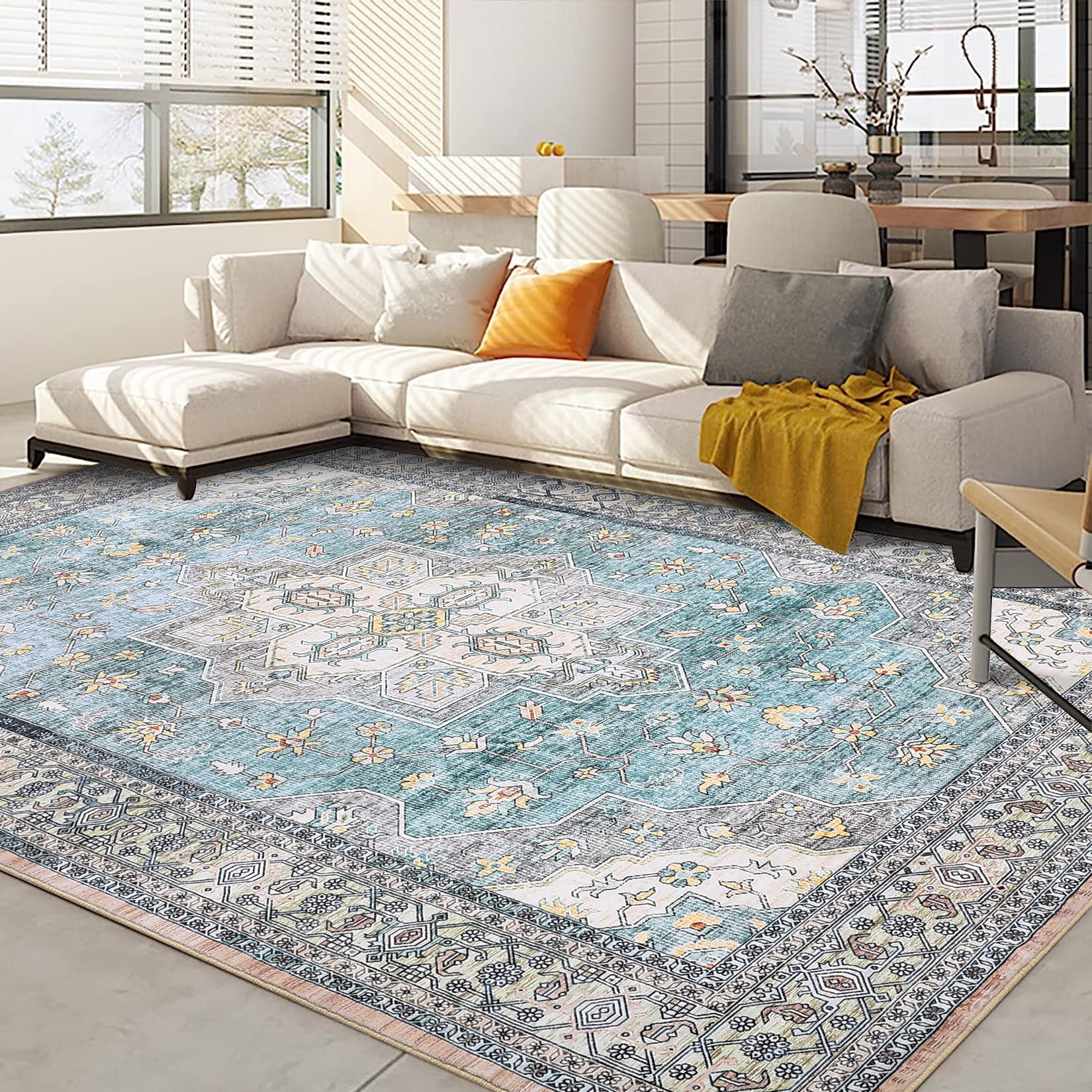 GlowSol 9'x12' Large Area Rugs for Living Room Vintage Persian Washable Rug Boho Rug Soft Floral Distressed Rug Non-Slip Low Pile Carpet, Teal