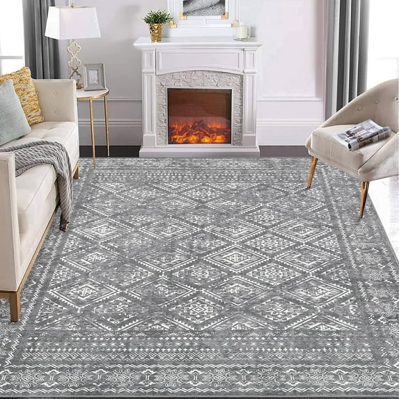 GlowSol 9'x12' Large Boho Area Rugs for Living Room Bedroom Vintage Distressed Floor Carpet Soft Low Pile Non-Slip Rug, Gray