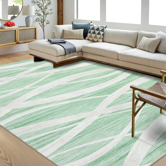 GlowSol 9'x12' Large Washable Area Rug Modern Wave Rug Non-Slip Low Pile Accent Rugs for Living Room Bedroom, Green