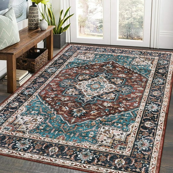 GlowSol 9'x12' Machine Washable Vintage Persian Rug Boho Floral Area Rug Anti-Slip Non-Shedding Throw Carpet for Dining Room Home Office, Brown