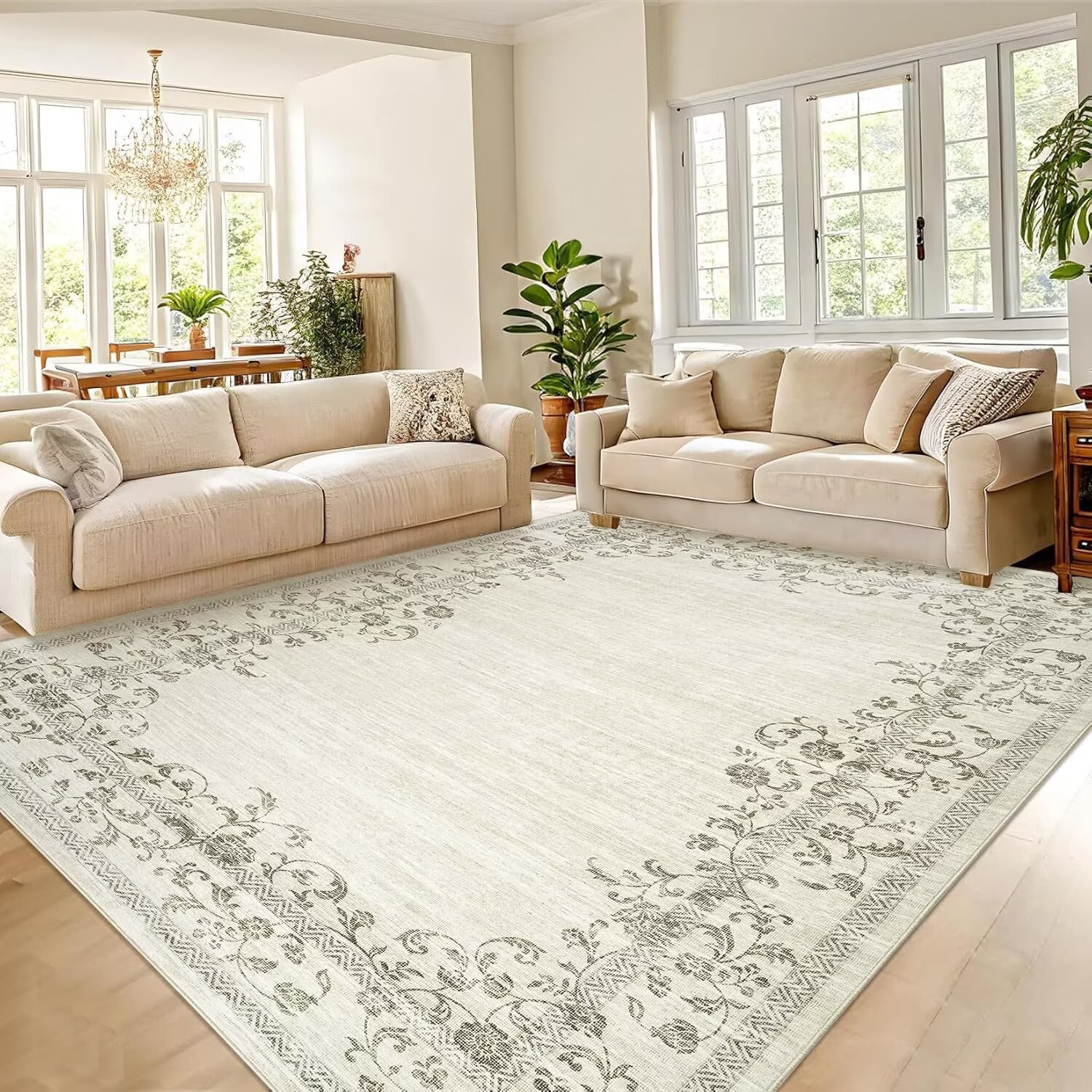 GlowSol 9'x12' Modern Floral Area Rug Border Rugs for Living Room Bedroom Farmhouse Non Slip Low Pile Area Rug for Dining Room Home Office, Beige