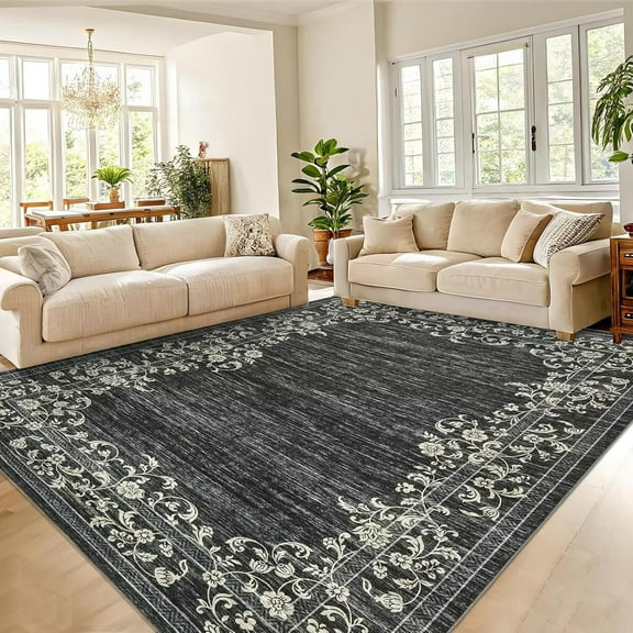GlowSol 9'x12' Modern Floral Area Rug Border Rugs for Living Room Bedroom Farmhouse Non Slip Low Pile Area Rug for Dining Room Home Office, Black