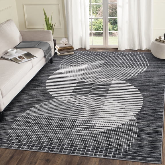 GlowSol 9'x12' Modern Geometric Rugs Living Room Semi-Circle Pattern Non Slip Low Pile Area Rug Indoor Soft Carpet for Dining Room Home Office, Black