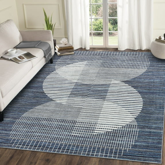 GlowSol 9'x12' Modern Geometric Rugs Living Room Semi-Circle Pattern Non Slip Low Pile Area Rug Indoor Soft Carpet for Dining Room Home Office, Blue