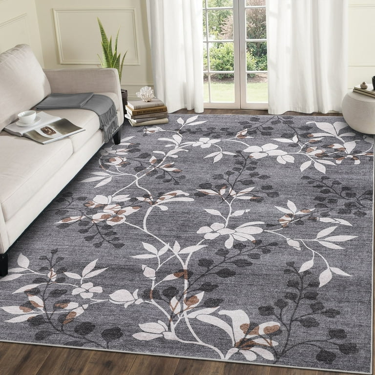 GlowSol Living Room Rugs 8x10 Washable Rug Large Vintage Rug Bordered Rug Oriental Floor Cover Retro Distressed Rug Vintage Rug Floral Print Indoor Mat For Bedroom Living Room Farmhouse Rug,Grey