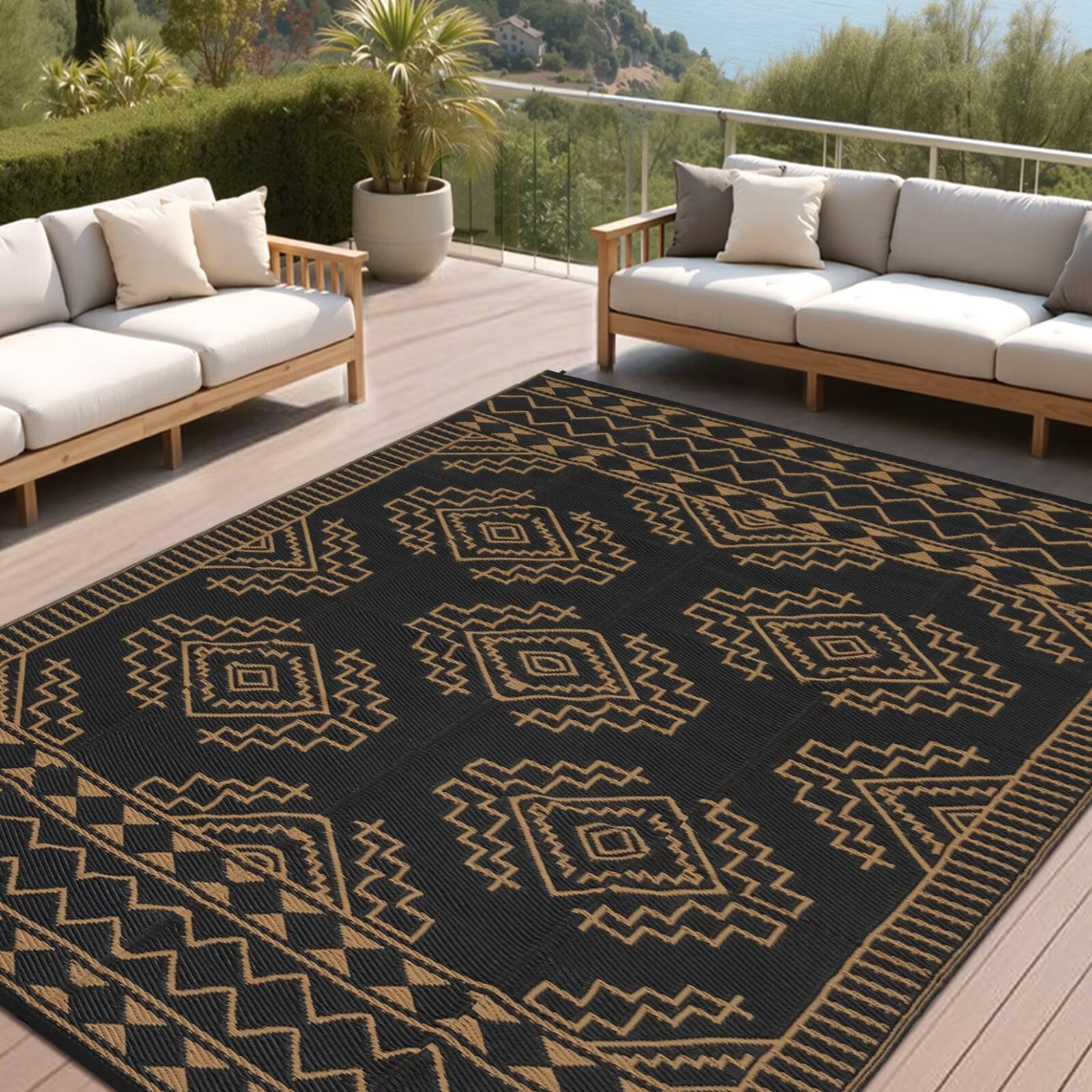 GlowSol 9'x12' Outdoor Rug Boho Geometric Plastic Straw Rug Waterproof Reversible Mat Outdoor Foldable Rug for Camping Patio Picnic, Black Brown
