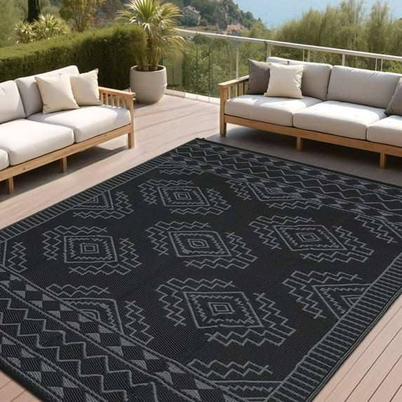GlowSol 9'x12' Outdoor Rug Boho Geometric Plastic Straw Rug Waterproof Reversible Mat Outdoor Foldable Rug for Camping Patio Picnic, Black Gray