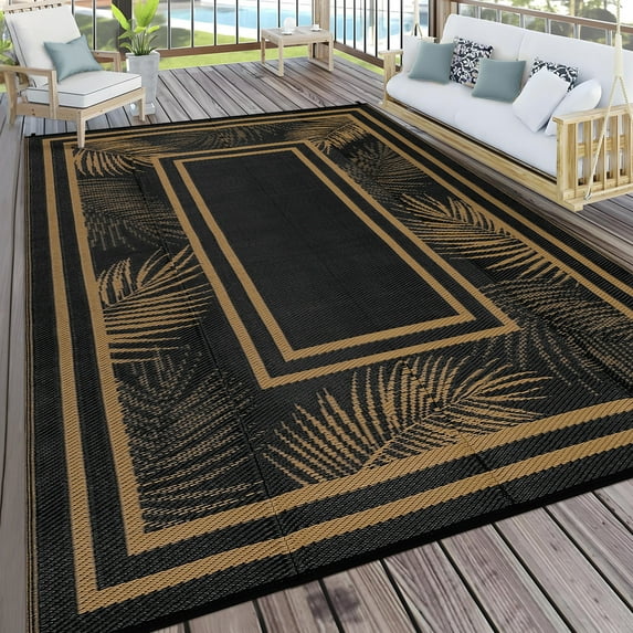 GlowSol 9'x12' Outdoor Rug Border Leaves Plastic Straw Rug Waterproof Reversible Mat Outdoor Foldable Rug for Camping Patio Picnic, Black Brown
