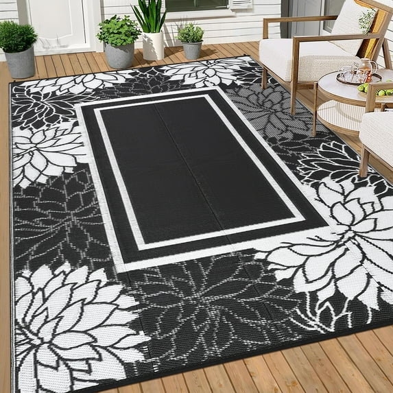 GlowSol 9'x12' Outdoor Rug Modern Bordered Floral Plastic Straw Rug Waterproof Reversible Mat Outdoor Rug for Camping Patio Picnic, Black White