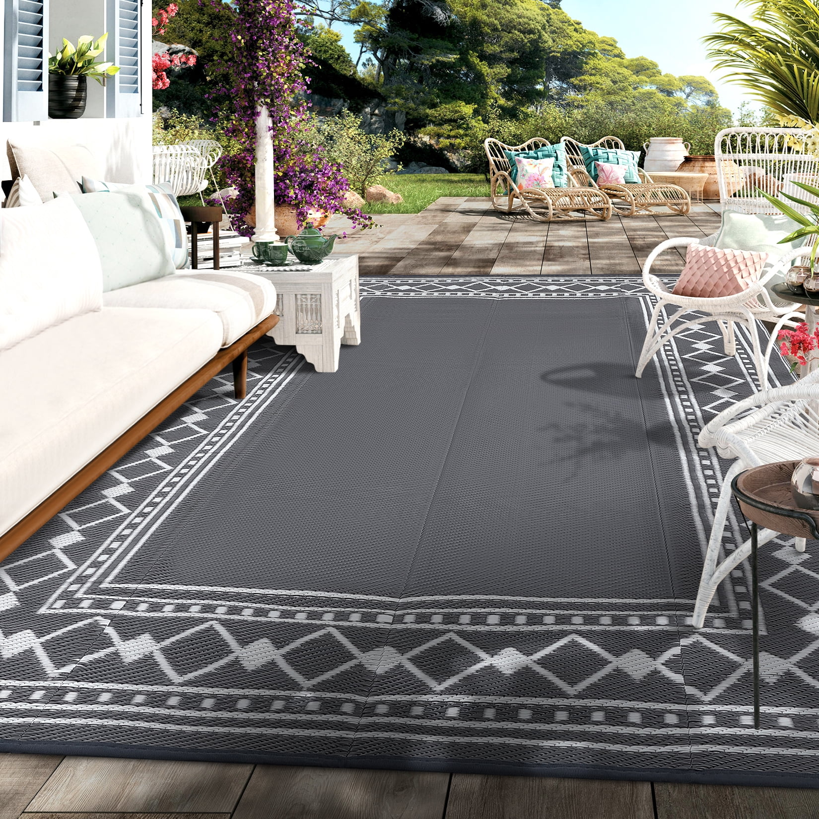 GlowSol 9'x12' Outdoor Rug Modern Bordered Plastic Straw Rug Waterproof Reversible Mat Outdoor Foldable Rug for Camping Patio Picnic, Gray White