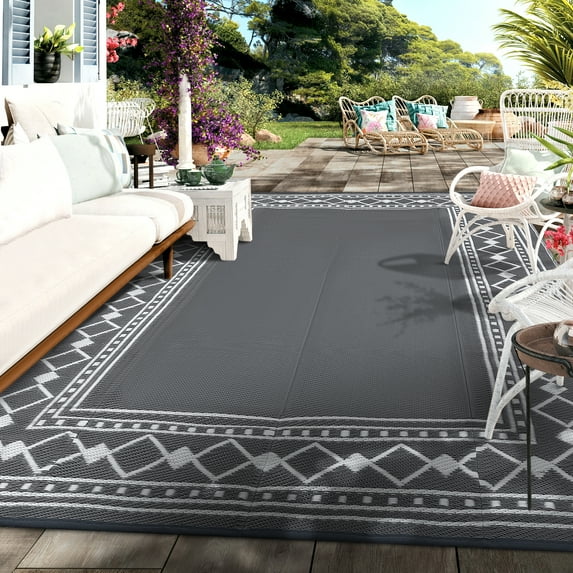 GlowSol 9'x12' Outdoor Rug Modern Bordered Plastic Straw Rug Waterproof Reversible Mat Outdoor Foldable Rug for Camping Patio Picnic, Gray White