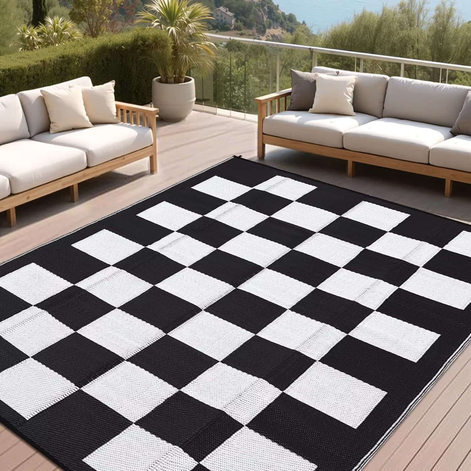 GlowSol 9'x12' Outdoor Rug Modern Checkerboard Plastic Straw Rug Waterproof Reversible Mat Outdoor Rug for Camping Patio Picnic, Black White
