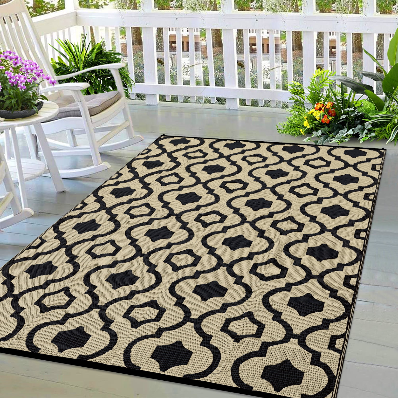 GlowSol 9'x12' Outdoor Rug Moroccan Style Plastic Straw Rug Waterproof Reversible Mat Outdoor Foldable Rug for Camping Patio Picnic, Black Coffee