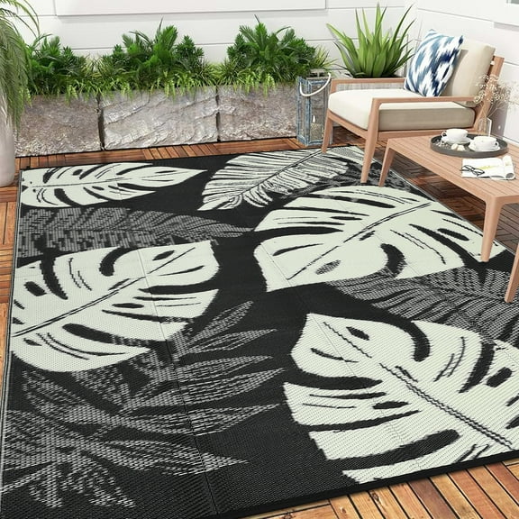 GlowSol 9'x12' Outdoor Rug Plastic Straw Weatherproof Reversible Rug Modern Leaves Patio Camping Rugs for Deck Porch Picnic Balcony, Black Beige