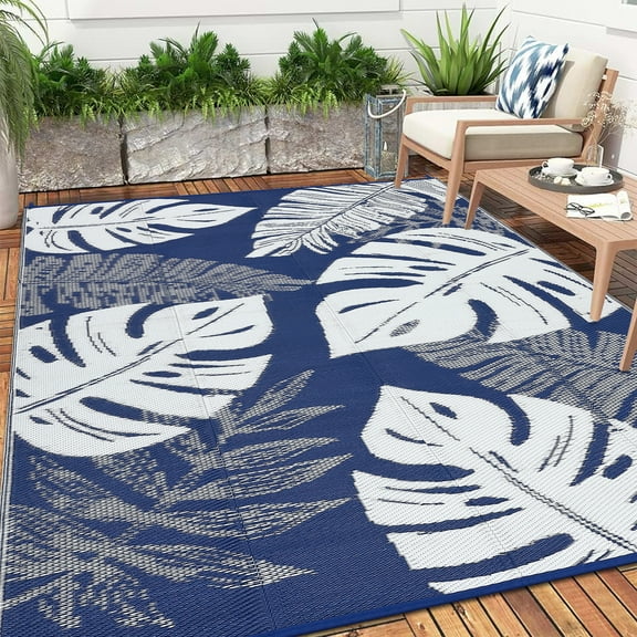 GlowSol 9'x12' Outdoor Rug Plastic Straw Weatherproof Reversible Rug Modern Leaves Patio Camping Rugs for Deck Porch Picnic Balcony, Dark Blue White