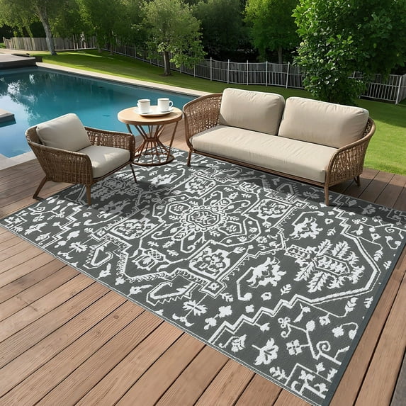 GlowSol 9'x12' Outdoor Rug Reversible Plastic Straw Area Rug Vintage Medallion Waterproof Area Rug for Patio Deck Balcony Backyard Picnic Beach, Gray White